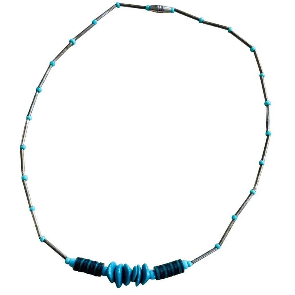 VTG Western choker necklace Native American Turquoise Heishi liquid silver 15